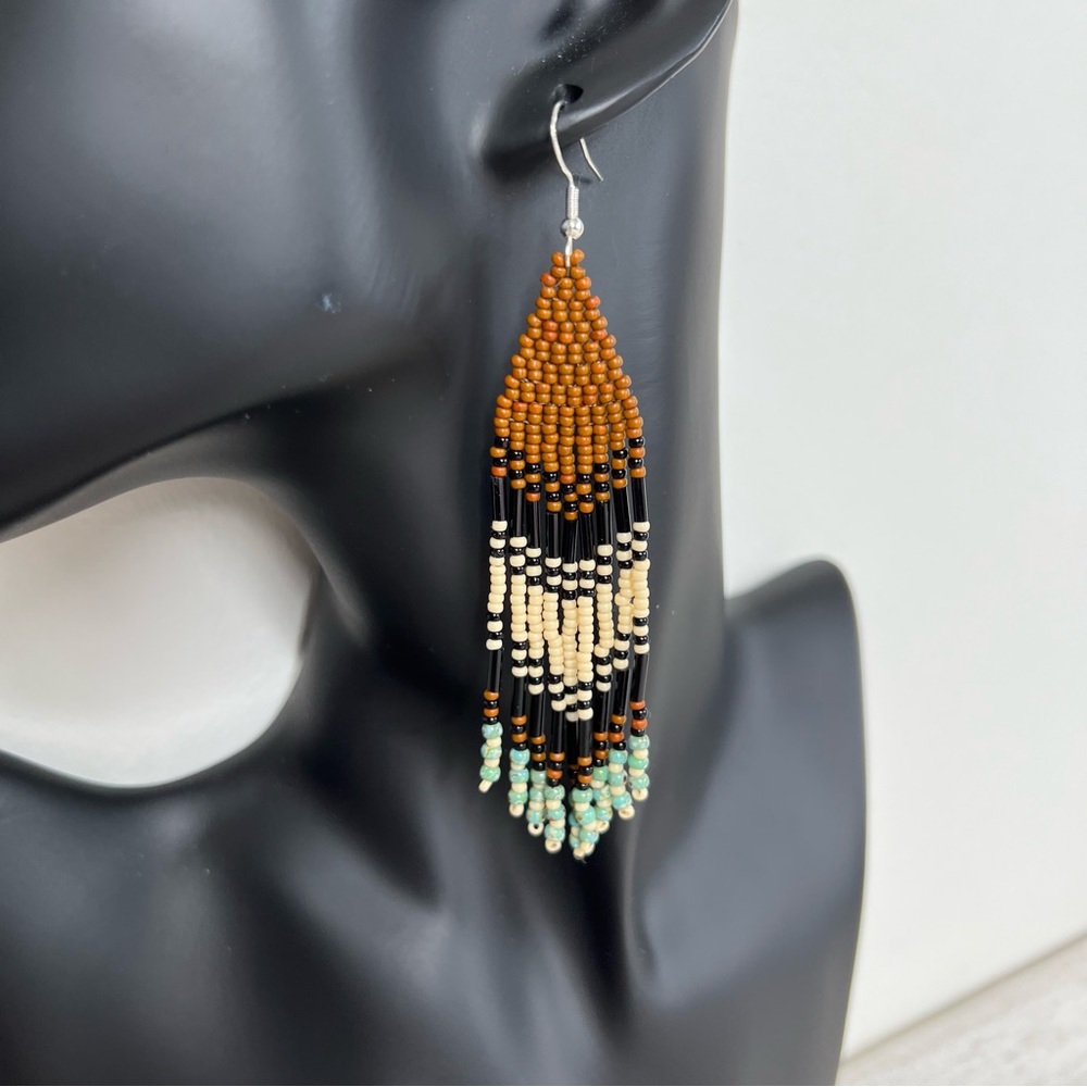 Boho Seed Beaded Earrings Brown Black Fringe Dangle Drop Earrings 4 in - Picture 2 of 6